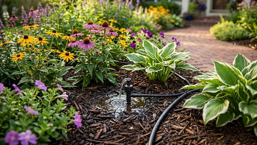 A sprinkler poking out of a garden bed near a paved pathway