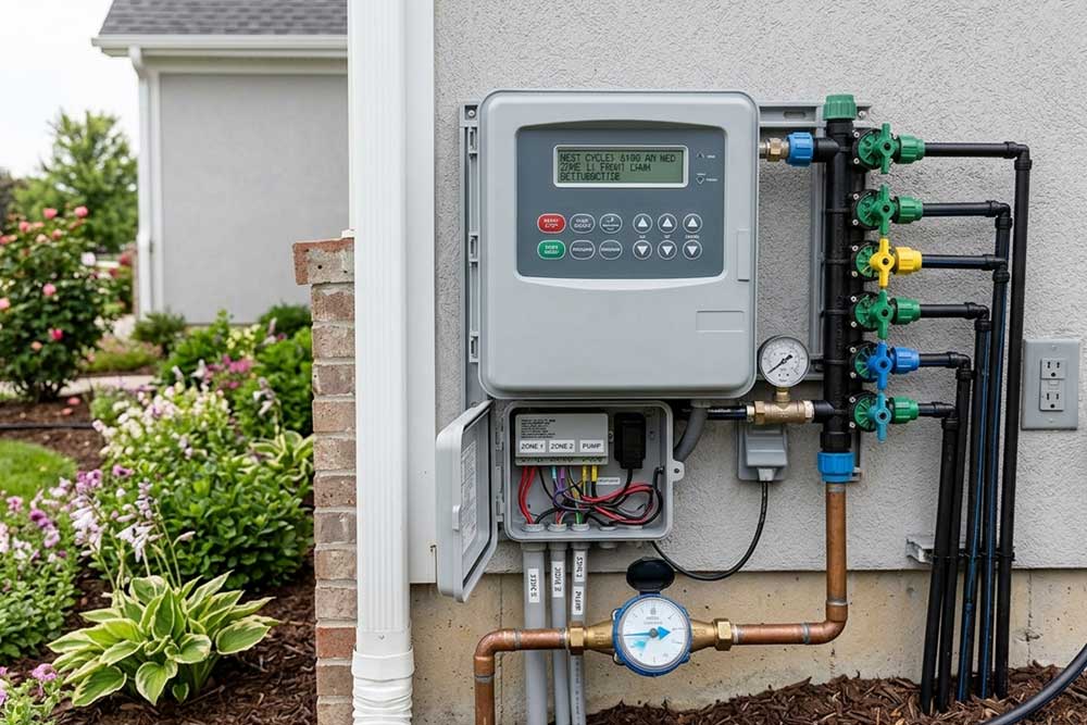 A control panel with numerous hoses running out from it along the side of a home